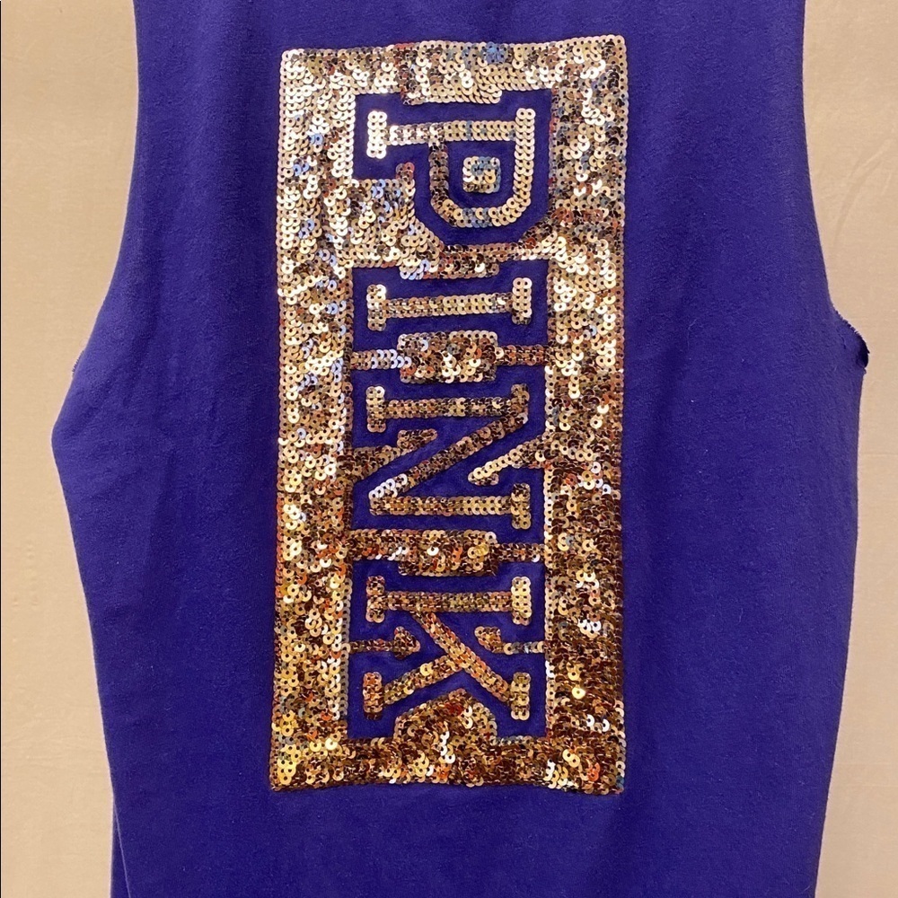 PINK Victoria’s Secret Size Small Purple Sequins Logo Tank Top, Raw Underarm Hem - Picture 3 of 8